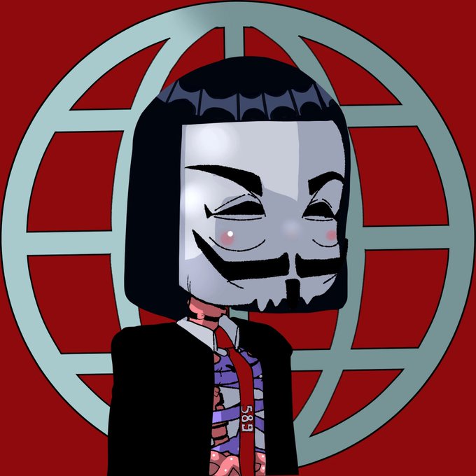 A digital illustration of a figure wearing a V for Vendetta mask, a black suit, a red tie, and a shirt with an anatomical design, with the letters "SEBS" on the tie, set against a red background featuring a globe-like symbol.