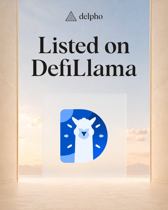A promotional graphic announcing delpho is 'Listed on DefiLlama,' featuring a blue llama icon on a marble-textured background.