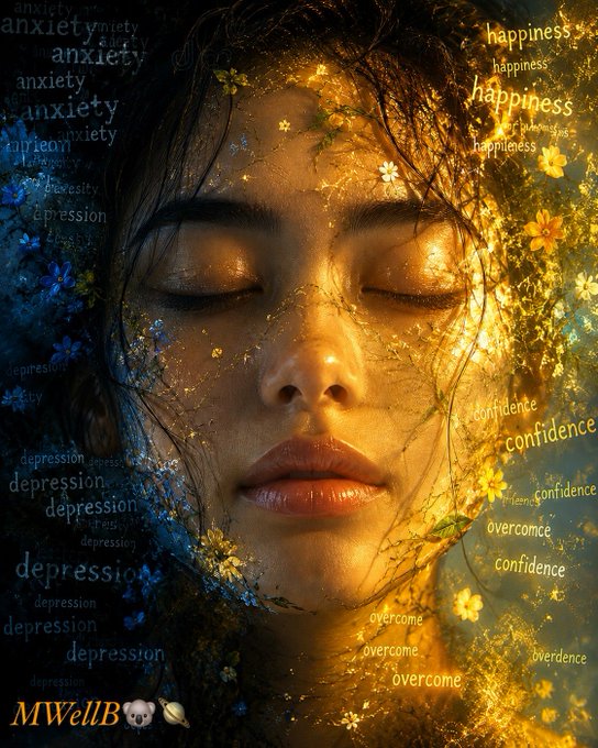 A digital artwork showing a woman's face split between darkness (left) and light (right), surrounded by words like 'anxiety', 'depression', 'happiness', 'confidence', and 'overcome', with the watermark 'MWellB'.