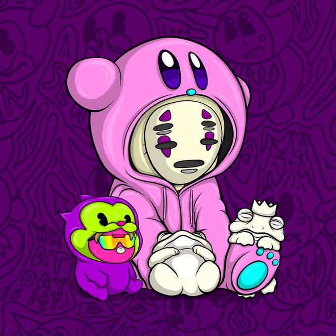A cartoon illustration features a figure wearing a pink Kirby-style hoodie with a mask-like face, sitting next to two small creature characters against a purple patterned background.