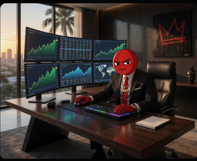The image features an angry-looking character dressed in a suit sitting at a desk with multiple monitors behind him. The background shows a cityscape view through large windows that appear to be illuminated by sunlight during a golden hour, creating a warm and dramatic atmosphere. On one of the screens, there is a chart displaying stock prices, which adds to the overall financial theme of the image. The post suggests using $MAD as a metaphor for taking control of one's reactions and making changes when faced with challenges or unfavorable situations in life.