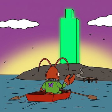 A cartoon crab wearing a green shirt with an X logo rows a small boat toward an island with a tall green tower under a purple sunset sky.