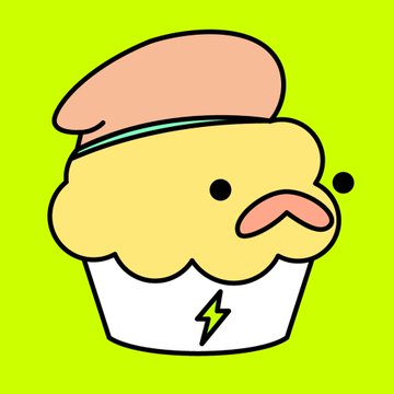 A cartoon illustration of a yellow cupcake with pink frosting and a small face, featuring a yellow lightning bolt symbol on its wrapper.