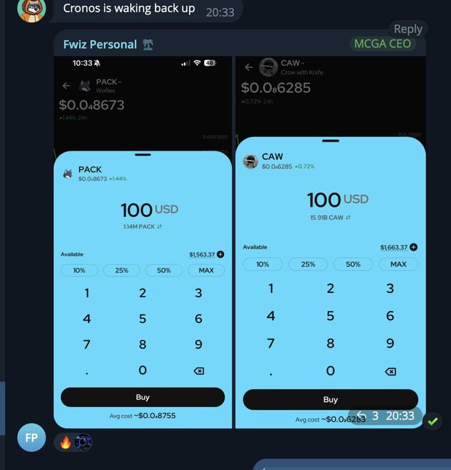A Discord message from "Fwiz Personal" timestamped 20:33 shows screenshots of a crypto trading app featuring two buy interfaces: one for $PACK (Wolves) at $0.0₈673 (+1.44% 24h) and another for $CAW (Crow with Knife) at $0.0₆285 (+0.72% 24h), both set to purchase 100 USD. The image illustrates the post's point about community tokens $PACK and $CAW being integrated into the upcoming Cronos App, which would drive volume and chain activity through VVS routes.