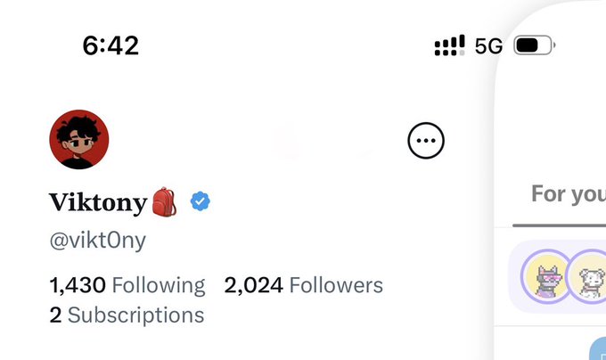 A social media profile for 'Viktony' (@vikt0ny) showing 1,430 Following, 2,024 Followers, and 2 Subscriptions, with an anime-style avatar on a red background.