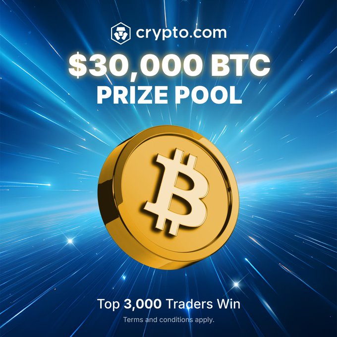A promotional graphic for Crypto.com features a glowing gold Bitcoin coin against a blue starburst background, advertising a "$30,000 BTC PRIZE POOL" with the tagline "Top 3,000 Traders Win." The image visually reinforces the campaign's message about the upcoming deadline and limited rewards for the top 3,000 qualifying users who deposit or purchase BTC.