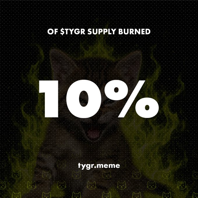 A dark graphic featuring a tiger engulfed in flames displays "OF $TYGR SUPPLY BURNED" at the top and a large "10%" in the center, with "tygr.meme" branding below, visually reinforcing the milestone that 10% of the total $TYGR token supply has been permanently burned.