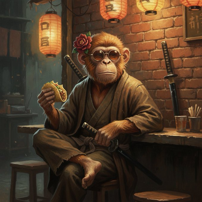 A monkey samurai in sunglasses and robes sits in a lantern-lit alley holding a taco, with Japanese characters visible on the hanging lanterns, blending the post's "taco tuesday" theme with its message about a warrior enjoying the journey.
