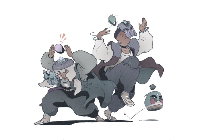 Two stylized characters in streetwear playfully toss small spherical creatures in the air, with one catching a small ball and the other juggling a creature, capturing a celebratory "GM" vibe that matches the post's cheerful morning milestone announcement.