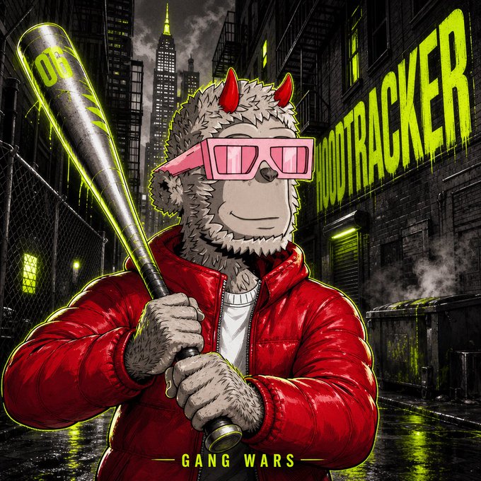 The image shows a llama mascot with red horns, pink sunglasses, and a red jacket, holding a neon green baseball bat marked "06" in a gritty urban alleyway, with "HOODTRACKER" graffiti on the wall and "GANG WARS" text at the bottom. It serves as promotional artwork for the HoodTracker AttentionFi platform mentioned in the post, visually branding the project with its rebellious, street-style aesthetic.