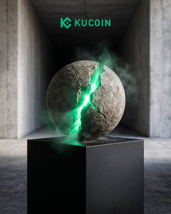 A cracked stone sphere emitting green light sits on a black pedestal, with the "KUCOIN" logo displayed above in a concrete corridor, symbolizing a powerful breakthrough. The glowing fissure and emerging light visually represent KuCoin breaking through barriers, aligning with the caption "Something's breaking through."