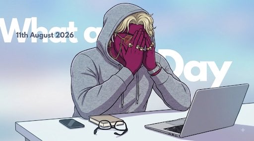 An anime-style illustration depicts a blonde hooded figure with bandaged hands covering their face at a laptop, with '11th August 2026' and partial text visible.
