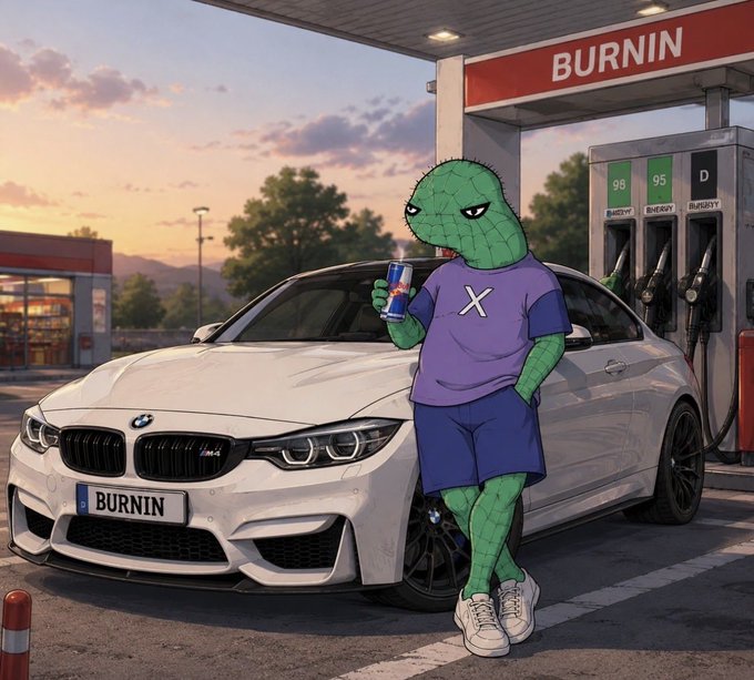 A cartoon character with a green football-headed figure wearing a purple "X" shirt stands at a gas station next to a white BMW with a "BURNIN" license plate, holding a can while leaning against the car. The "BURNIN" branding on both the gas station sign and the license plate ties into the post's motivational "lock in" theme for the new month, symbolizing fuel and momentum heading toward 2027.