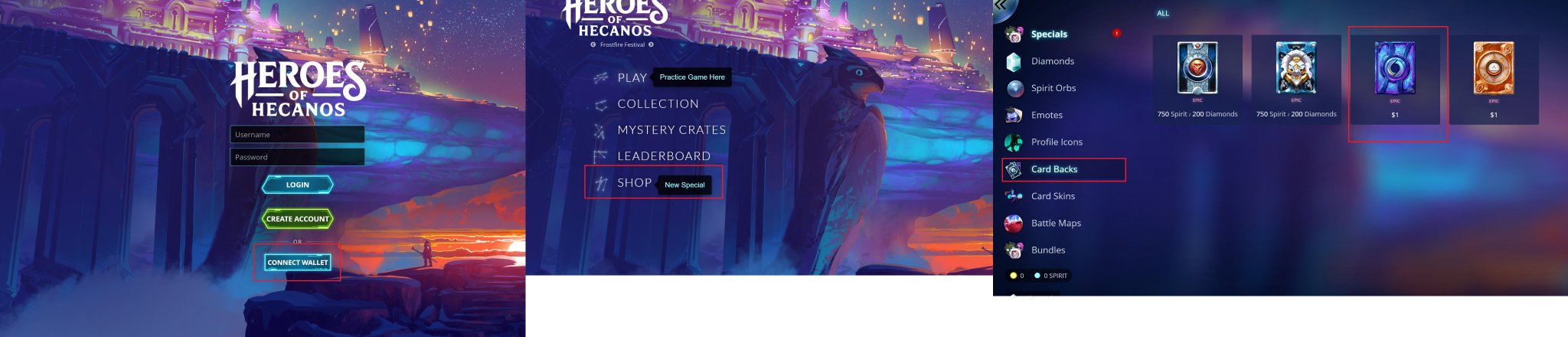 Three screenshots of the 'Heroes of Hecanos' NFT game interface showing the login screen with 'CONNECT WALLET' option, the main menu with 'SHOP' highlighted, and a shop page displaying 'Card Backs' with epic items priced at $1.