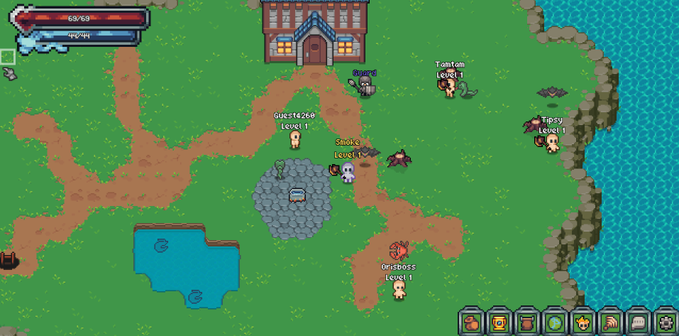 A pixel-art RPG game scene featuring multiple player characters labeled with names and levels (e.g., 'Guest4260 Level 1', 'Tonton Level 1', 'Shaky Level 6', 'Tépy Level 1', 'OneBois Level 3') on a village map with a level bar showing 'Level 1' and 'Exp: 94'.