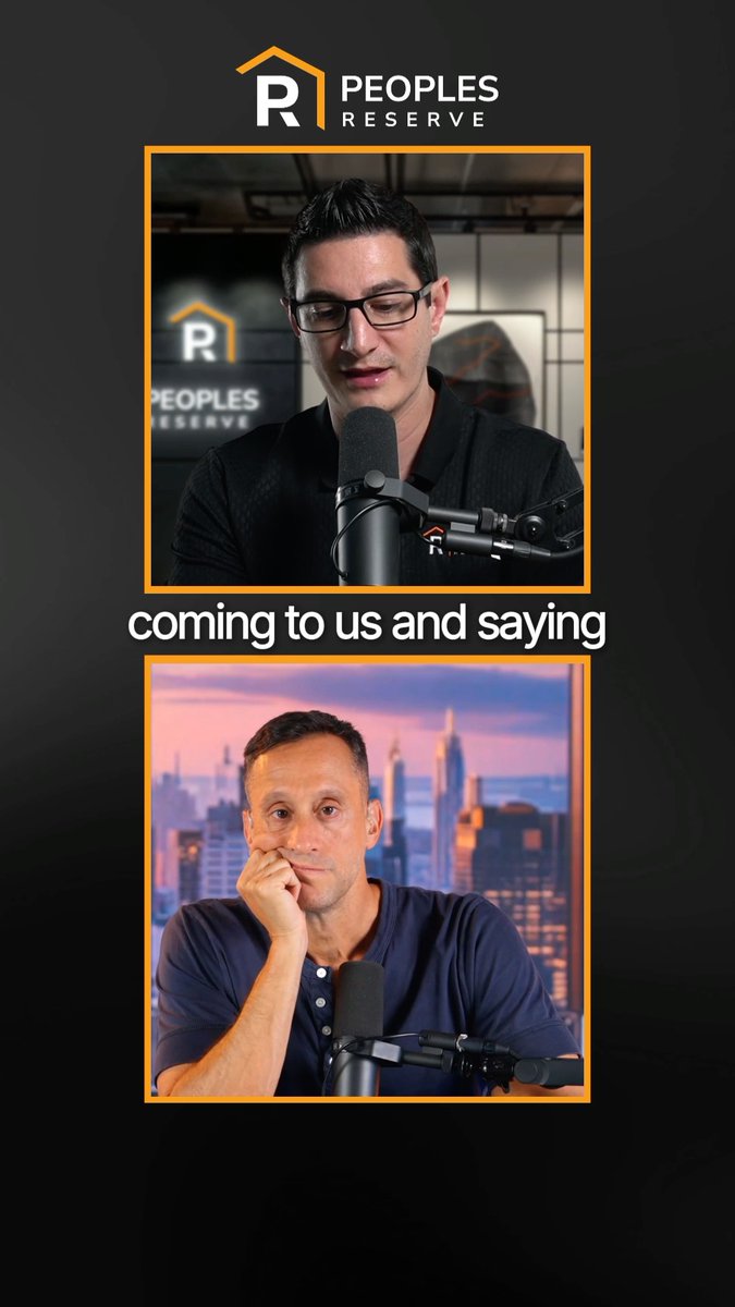 A podcast promotional graphic for "Peoples Reserve" featuring two men in separate video frames with microphones, with the text "coming to us and saying" displayed between them. The image illustrates the podcast conversation between CJKonstantinos and ScottMelker about using Bitcoin holdings to fund major purchases like a home without selling the position, supporting the post's message about building wealth smarter while keeping your stack.