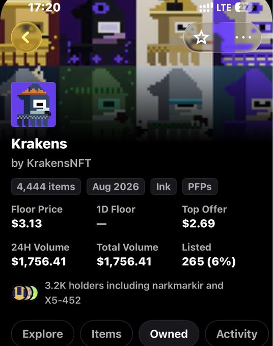 A screenshot of the Krakens NFT collection page on what appears to be a marketplace app, showing key statistics: 4,444 items, a floor price of $3.13, a top offer of $2.69, and a 24H volume of $1,756.41. The post "bought at $0.7 let's do more" suggests the buyer acquired their Krakens NFT at a steep discount (less than a quarter of the current floor price), implying confidence in future price appreciation.