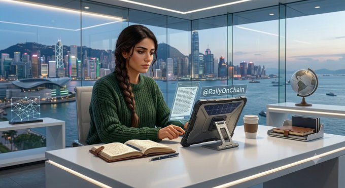 An AI-generated image of a woman with a braid wearing a green sweater working on a tablet in a modern office with a Hong Kong skyline view, labeled '@RallyOnChain' near the screen.