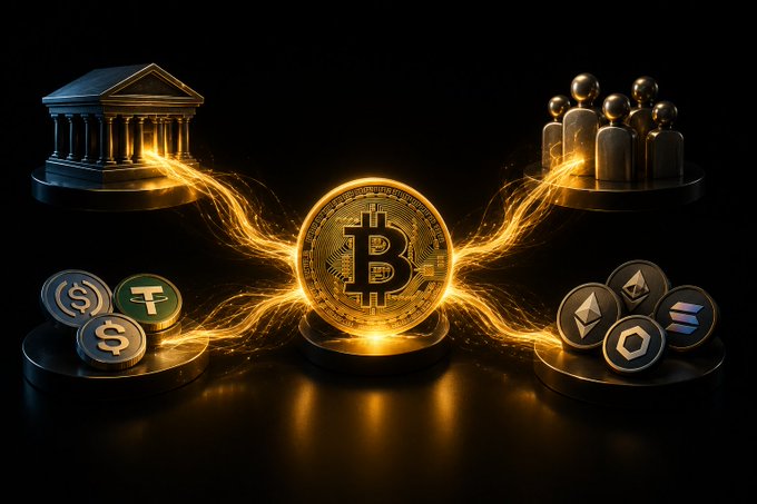 A digital illustration shows a glowing golden Bitcoin in the center, connected by energy streams to a classical bank building on one side and various cryptocurrency coins and figures on the other against a black background.