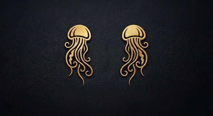 Two decorative gold jellyfish ornaments displayed against a dark, textured background.