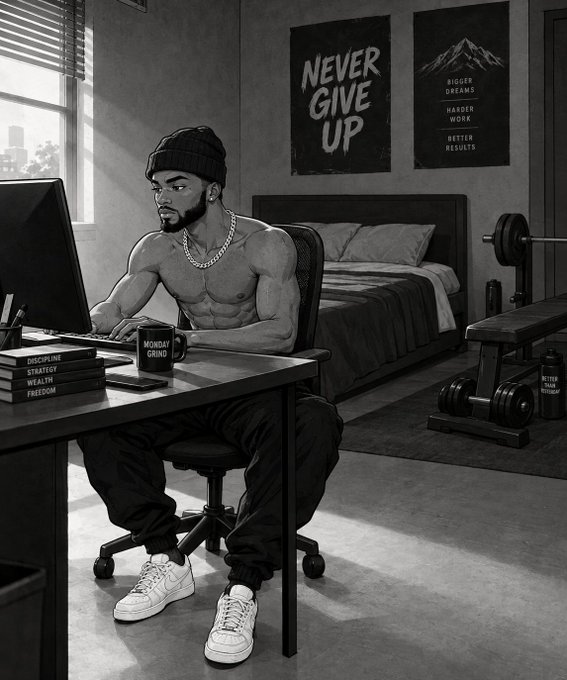 Black and white illustration of a shirtless muscular man wearing a beanie at a desk, with motivational posters reading "NEVER GIVE UP" and "BIGGER DREAMS HARDER WORK BETTER RESULTS" visible in his bedroom.