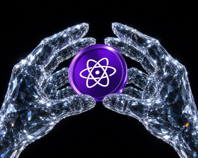 The image features a pair of hands holding a purple gemstone with an atom symbol, possibly made from metal or glass. The background appears to be black, which contrasts with the vibrant colors of the gemstone and emphasizes its presence. The caption below the image reads "XPR MTL METAL $LOAN".