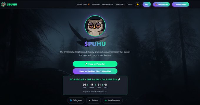 The image shows the newly launched puhucoin.com website, featuring a grumpy owl mascot against a dark forest background, with launch buttons for Raydium and PumpFun, a fair launch countdown to August 5, 2026, and social links for Telegram, Twitter, and DexScreener—all aligning with the announcement of the site's official launch.