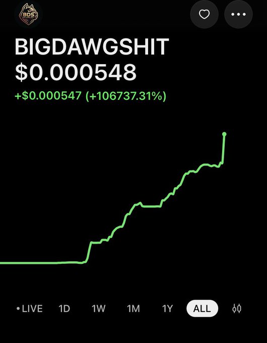 A token chart for BIGDAWGSHIT showing a price of $0.000548 with a gain of +$0.000547 (+106737.31%), displaying a green all-time price line with sharp upward movement on the right side.