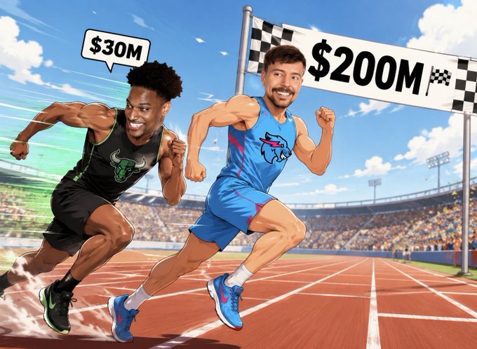 Two runners race toward a "$200M" finish line banner, with the front runner in a blue jersey representing ANSEM and the trailing runner in a black jersey with a bull logo representing MrBeast, while a "$30M" speech bubble appears near the rear runner—illustrating the post's claim that ANSEM (a few weeks old) is ahead of MrBeast ($30M giveaway) in total airdrop value.