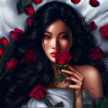 A photorealistic illustration of a woman with long black hair lying among red roses on white sheets, holding a rose to her lips.