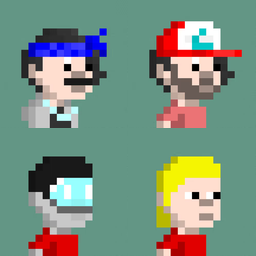 Four pixel-art character portraits arranged in a 2x2 grid on a green background, resembling retro video game sprites.