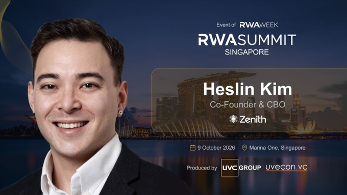 Promotional graphic for RWA Summit Singapore featuring Heslin Kim, Co-Founder & CBO of Zenith, with event details showing 9 October 2026 at Marina One, Singapore.