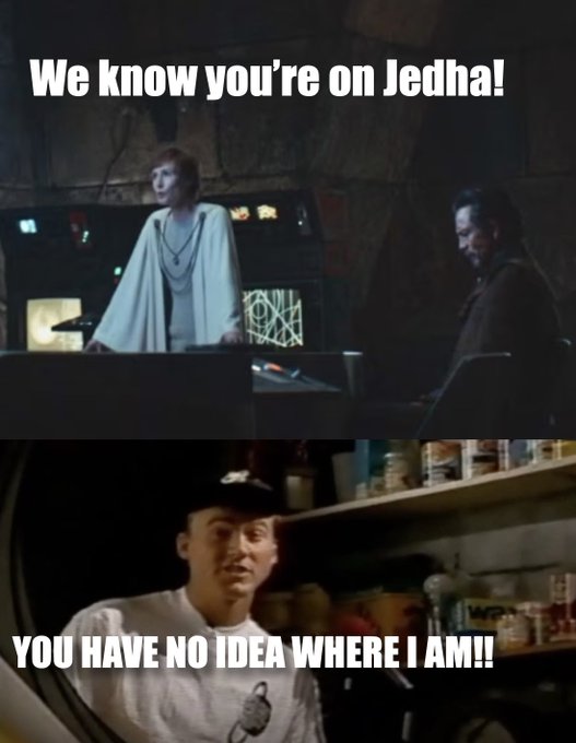 The image features a meme with two different scenes from a movie, both of which involve a man standing next to a shelf filled with various items such as cans and bottles. The meme includes text that reads "We know you're on Jediha!" and "You have no idea where I am!". The meme also contains a caption that says "Your own data always shows the truth".