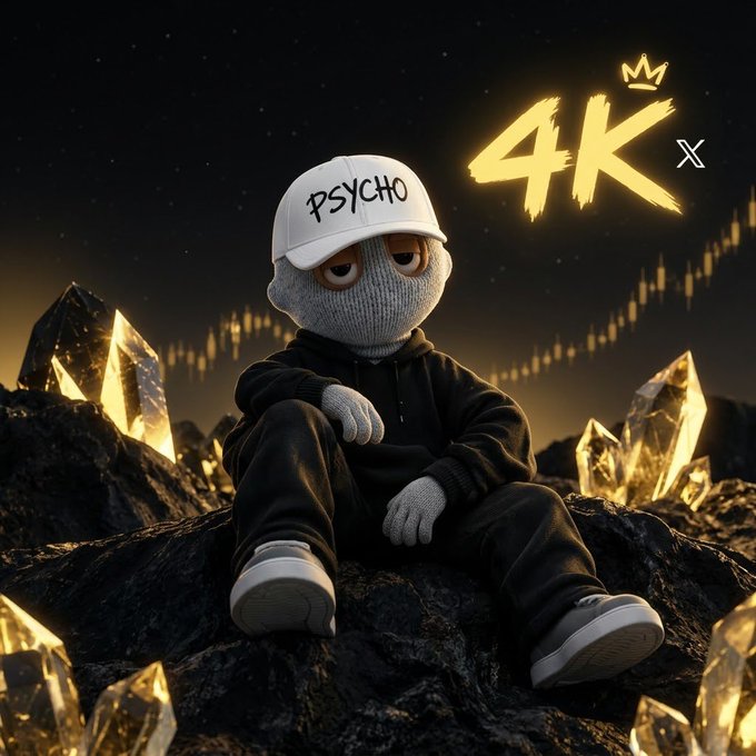 The post says: "1. A gray knitted sock-style character wearing a black tracksuit and a white "PSYCHO" cap sits among glowing crystals on dark terrain at night, celebrating a milestone with stylized "4K" text and a small crown in the corner.

2. The moody, cinematic scene of the character perched on crystal rocks visually matches the celebratory "Cheers to 4k 🎉" post, marking the achievement of reaching 4k with an edgy, triumphant aesthetic."