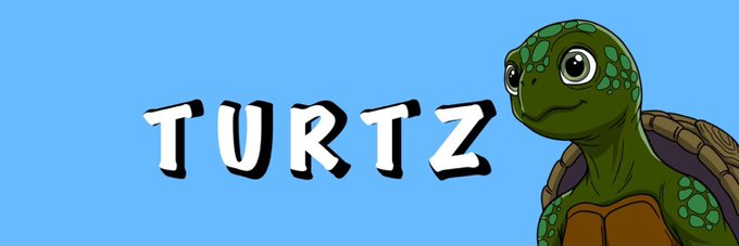 A cartoon turtle character alongside the stylized text 'TURTZ' on a blue background.