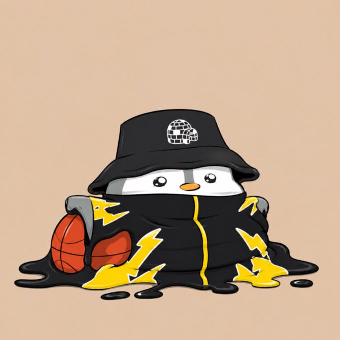 A cartoon penguin character wearing a black bucket hat with a globe logo and a black jacket with yellow lightning bolts, holding a basketball while sitting in a puddle.