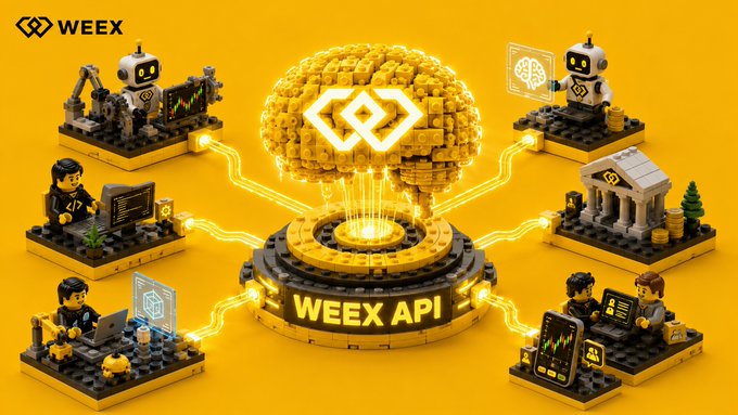 A WEEX promotional 3D Lego-style illustration showing 'WEEEX API' connected to various robot and trader mini-figures on a yellow background.