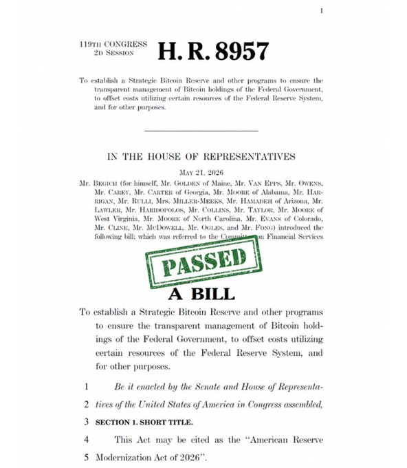 A document showing H.R. 8957 from the 119th Congress, 2D Session, titled 'American Reserve Modernization Act of 2026', which establishes a Strategic Bitcoin Reserve for the Federal Government, stamped with 'PASSED A BILL' and dated May 21, 2026.