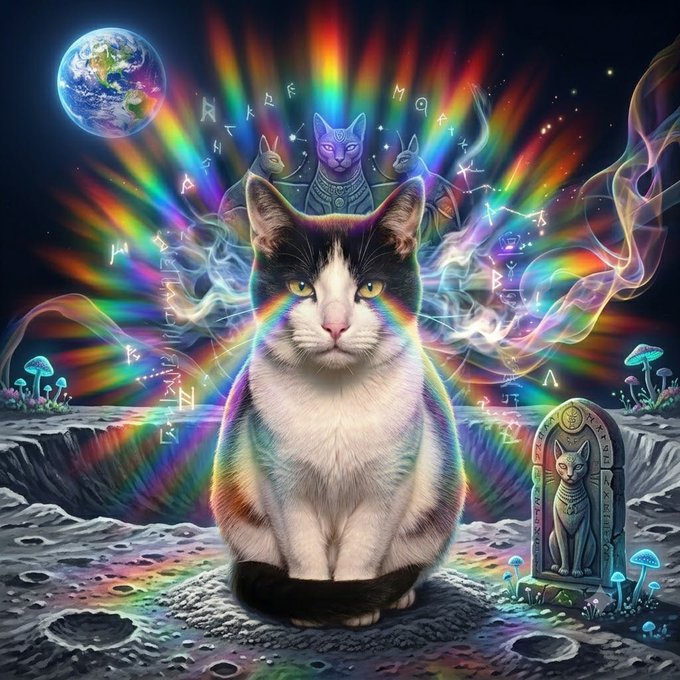 A black and white cat sits serenely on a moon-like surface, surrounded by vibrant rainbow aura, mystical runes, floating Earth, and an Egyptian-style cat statue, evoking cosmic, mystical power to hype the $AURACAT token's rapid rise to $5 million.