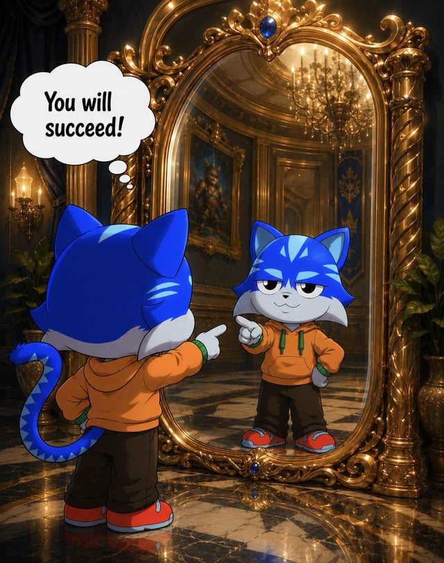 The image features a cartoon cat wearing an orange shirt, standing in front of a mirror with its reflection staring back at it. Below the cat's reflection, there is text that reads "You will succeed!". The background of the image includes a chandelier and a painting on the wall.