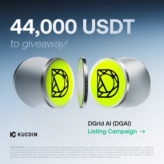 A KuCoin promotional image announcing a 44,000 USDT giveaway for the DGrid AI (DGAI) Listing Campaign, featuring their neon green branded coin design, which corresponds to the post highlighting the 37,000 USDT GemSlot Carnival and 7,000 USDT Learn & Earn activities tied to $DGAI's KuCoin Spot Market listing.