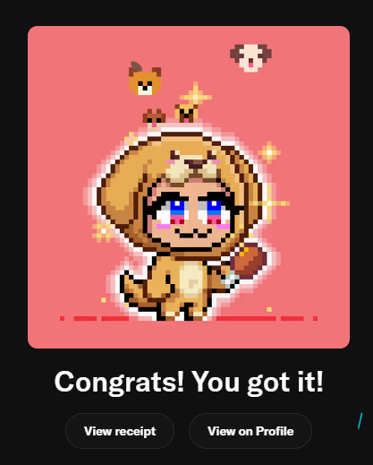 A pixel art notification screen showing a character in a lion costume with the text "Congrats! You got it!" along with "View receipt" and "View on Profile" buttons.