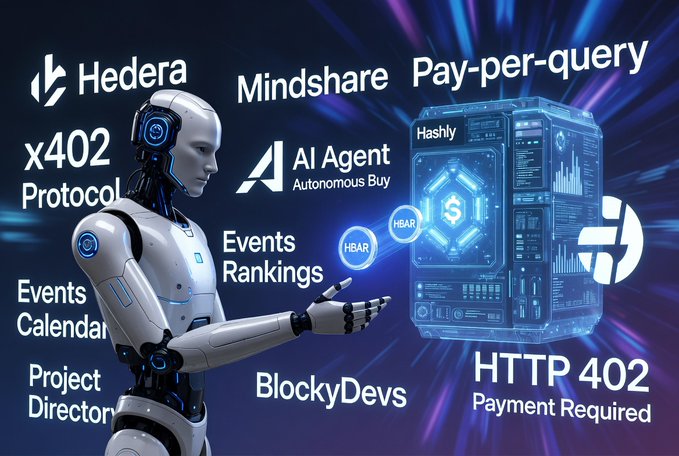 A futuristic graphic featuring a humanoid robot and the Hedera logo, surrounded by labels like 'x402 Protocol', 'Mindshare', 'Pay-per-query', 'AI Agent Autonomous Buy', 'Events Rankings', 'Events Calendar', 'Project Directory', 'BlockyDevs', and 'HTTP 402 Payment Required' with a central HBAR/hashly display.