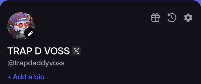 A social media profile page for 'TRAP D VOSS' (@trapdaddyvoss) featuring a colorful anime-style avatar and an 'Add a bio' option.