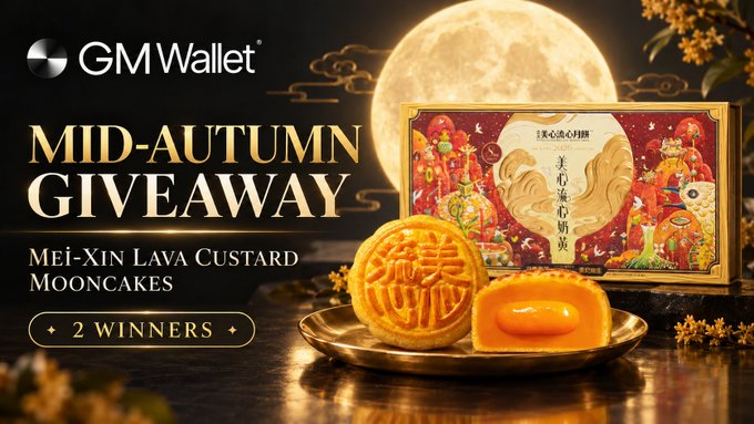 A promotional banner for a "GMWallet" "MID-AUTUMN GIVEAWAY" of "MEI-XIN LAVA CUSTARD MOONCAKES," featuring product packaging, mooncakes, and a large moon against a night sky.