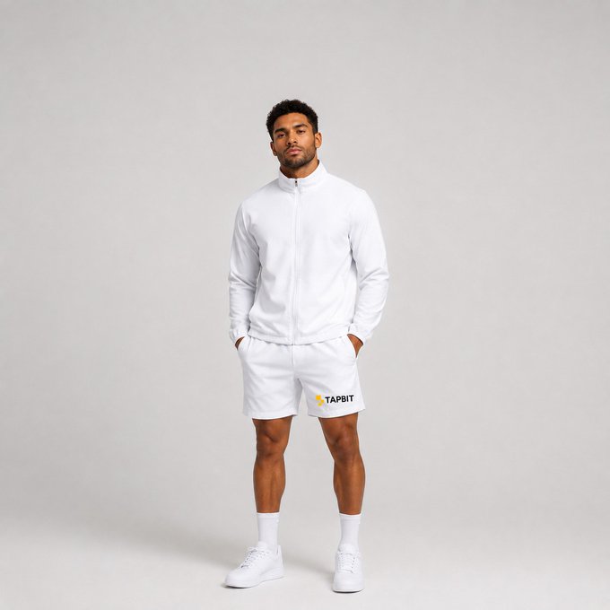 A man with curly hair models a white tracksuit with 'TAPBIT' branding on the shorts and a yellow logo on the white zip-up jacket, standing against a gray background.