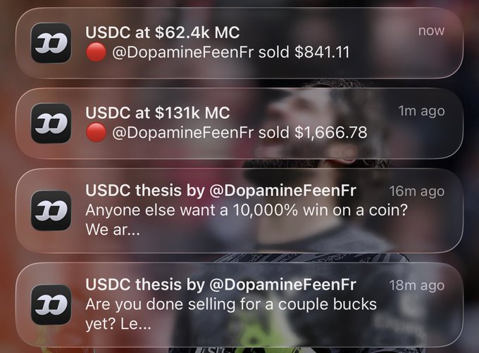 A screenshot of mobile notifications from user @DopamineFeenFr about USDC cryptocurrency sales, showing transactions of $841.11 and $1,666.78, along with messages about a "10,000% win on a coin."