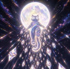 A cosmic digital artwork featuring a glowing cat-like figure with constellations trailing from its body, set against a starry background with a large moon.