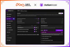 A screenshot of an app interface labeled 'ActionModel' displayed alongside the 'AGI' logo, showing various toggle options and settings on a dark theme.