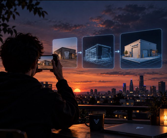An artistic image showing a person photographing a holographic display on their phone that shows a sequence transforming a physical building into a digital wireframe and then into a modern industrial facility branded 'modulas,' with a sunset city skyline in the background.